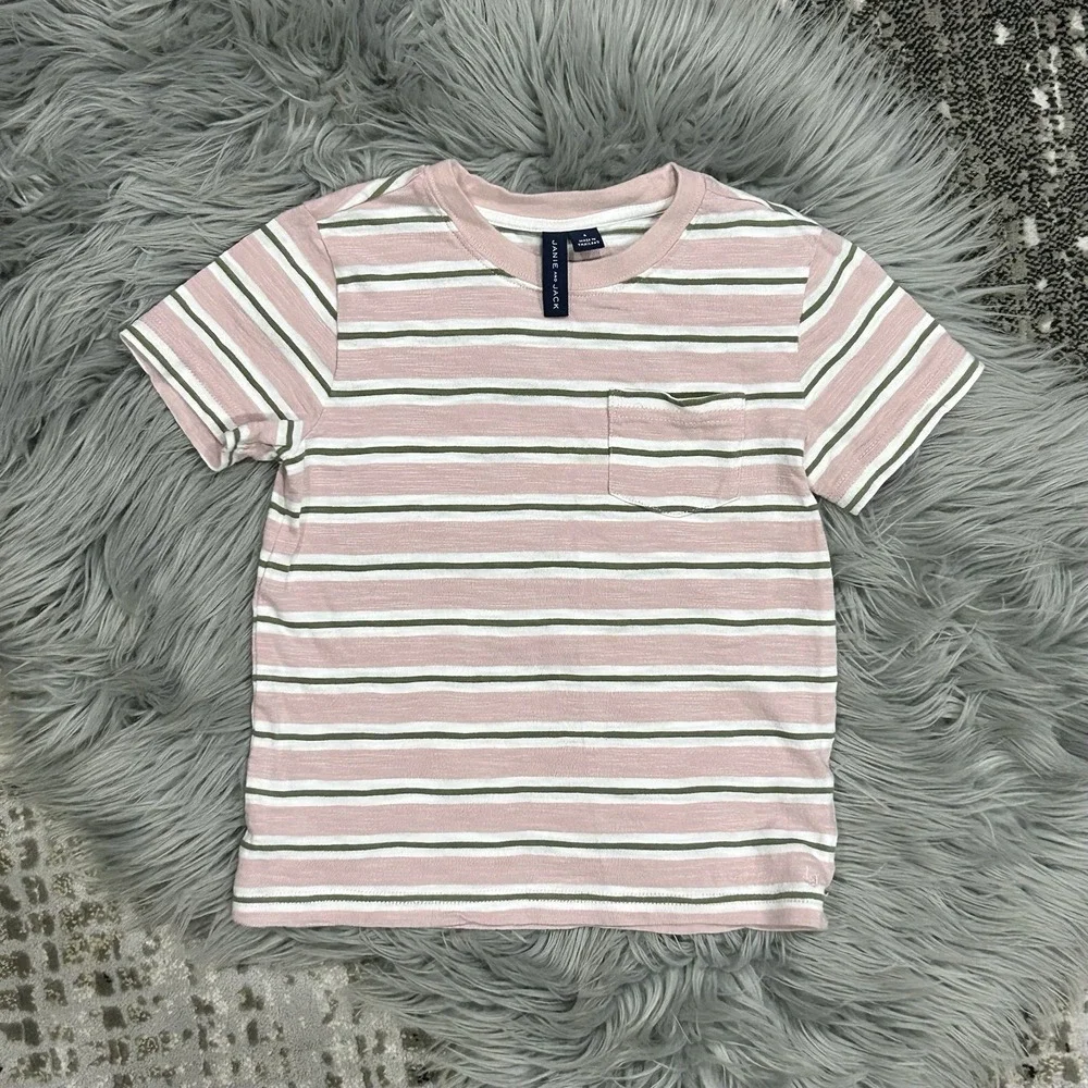 Janie and Jack Short Sleeve Stripe T-Shirt With Pocket - Pink/Green/White Size 4